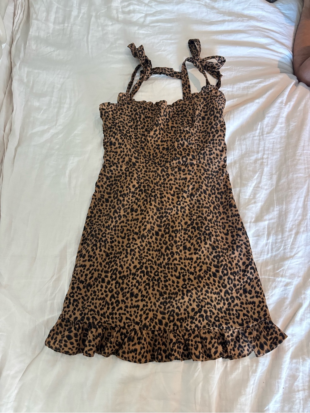 SHEIN Leopard Print Tie-Shoulder Ruffle Dress - Brown & Black